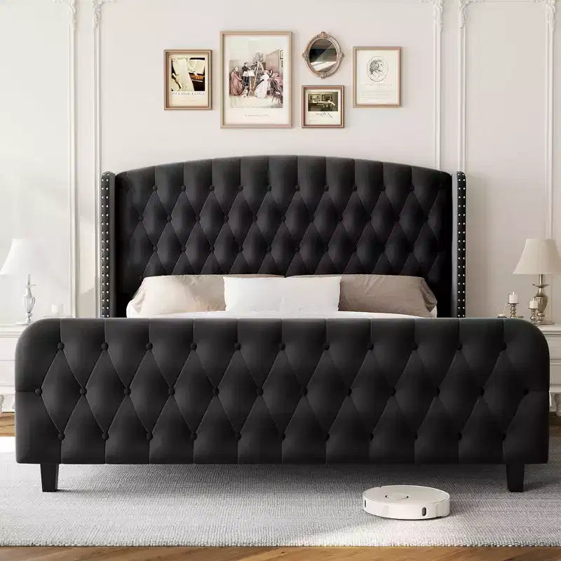Cadre de lit Queen Size de 51 po de hauteur, tête et pied de lit à oreilles touffetés à boutons profonds, plateforme rembourrée en velours, sommier tapissier non requis, montage facile