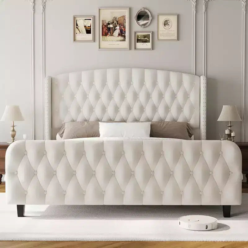 Cadre de lit Queen Size de 51 po de hauteur, tête et pied de lit à oreilles touffetés à boutons profonds, plateforme rembourrée en velours, sommier tapissier non requis, montage facile