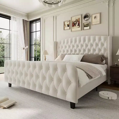51 Tall Queen Size Bed Frame, Deep Button Tufted Wingback Headboard & Footboard, Velvet Upholstered Platform, No Box Spring Needed, Easy Assemble