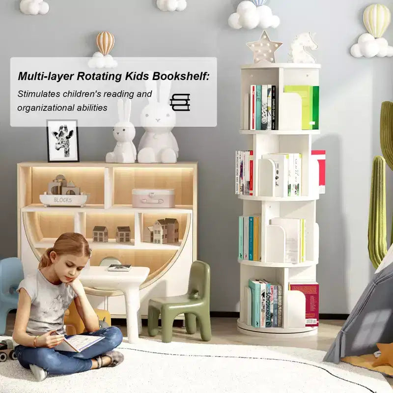 Libreria rotante a 4 ripiani con rotazione a 360°, scaffale angolare in legno per bambini e adulti, salvaspazio per camera da letto e soggiorno