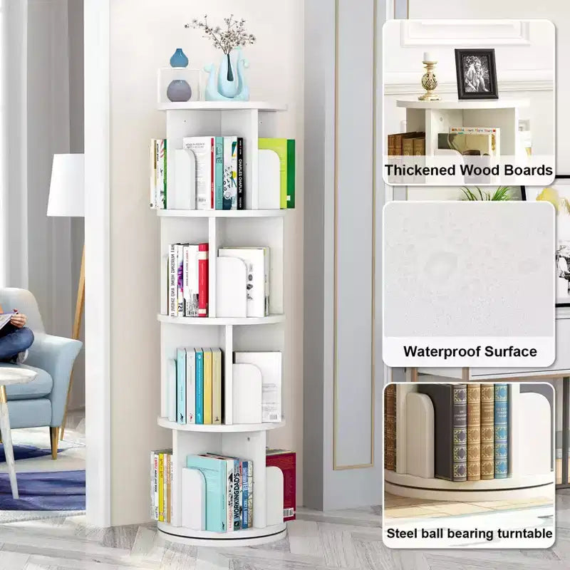 Libreria rotante a 4 ripiani con rotazione a 360°, scaffale angolare in legno per bambini e adulti, salvaspazio per camera da letto e soggiorno