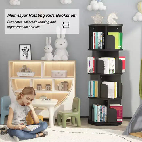 Étagère rotative à 4 niveaux avec rotation à 360°, bibliothèque d'angle en bois pour enfants et adultes, rangement compact pour chambre et salon