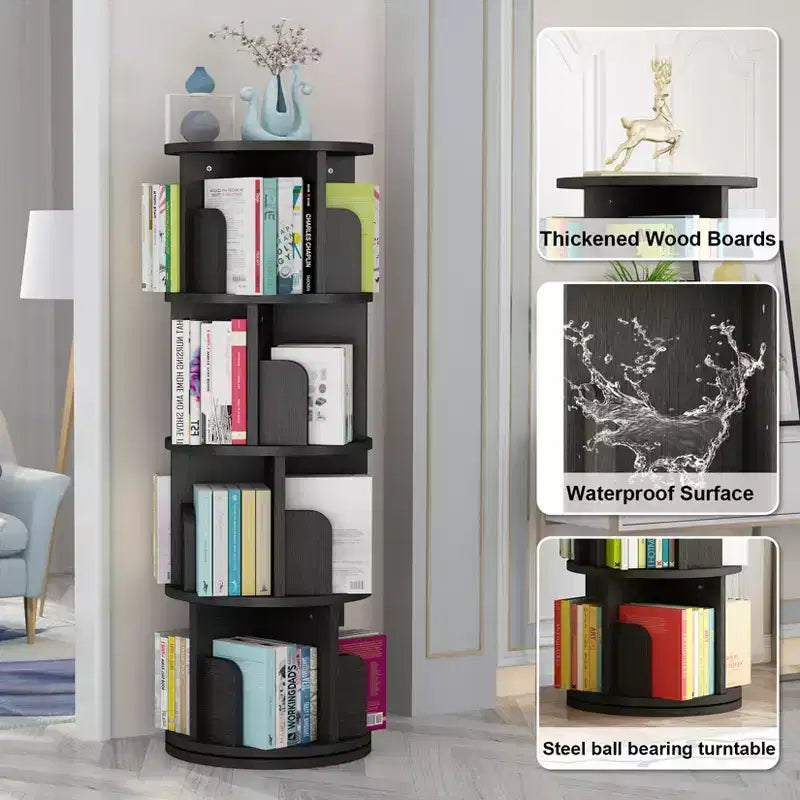 Libreria rotante a 4 ripiani con rotazione a 360°, scaffale angolare in legno per bambini e adulti, salvaspazio per camera da letto e soggiorno