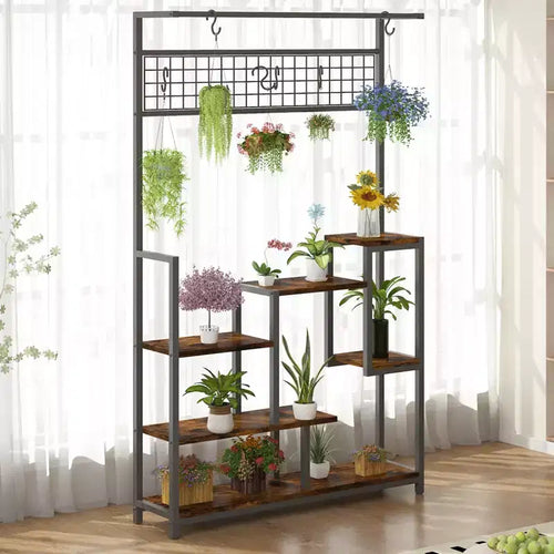 Scaffale per piante da interno a 7 ripiani con luci di crescita e ganci appendiabiti, supporto per piante alto in metallo per bonsai, fiori e decorazioni, organizer per balcone e soggiorno