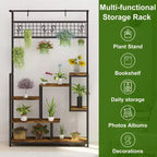 Scaffale per piante da interno a 7 ripiani con luci di crescita e ganci appendiabiti, supporto per piante alto in metallo per bonsai, fiori e decorazioni, organizer per balcone e soggiorno