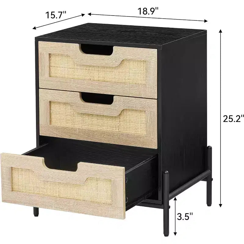 Comodino in Rattan con Struttura in Ferro e 1 Cassetto in Piombo | 3 Cassetti | Rattan Intrecciato a Mano | Multifunzionale per Camera da Letto e Soggiorno