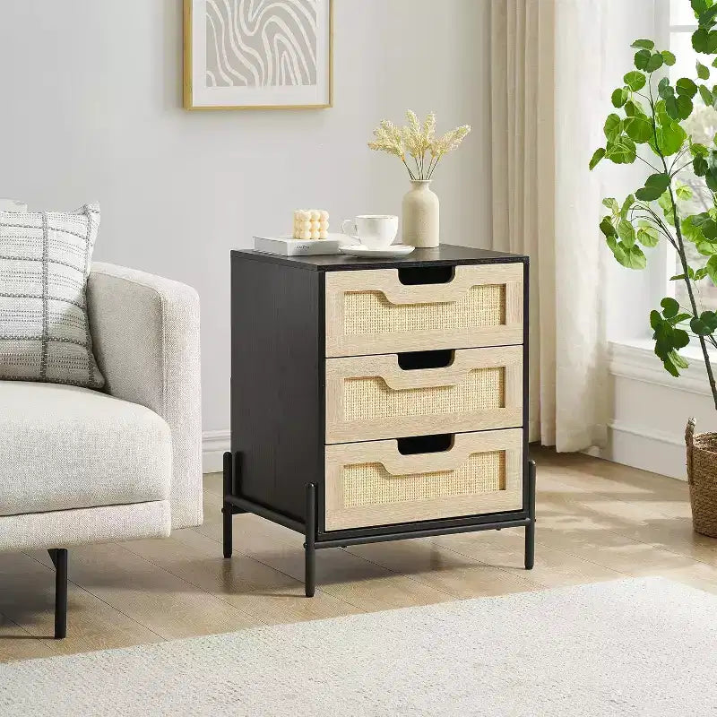 Comodino in Rattan con Struttura in Ferro e 1 Cassetto in Piombo | 3 Cassetti | Rattan Intrecciato a Mano | Multifunzionale per Camera da Letto e Soggiorno