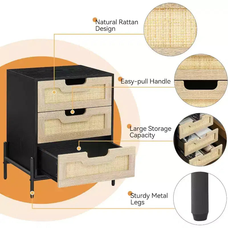 Comodino in Rattan con Struttura in Ferro e 1 Cassetto in Piombo | 3 Cassetti | Rattan Intrecciato a Mano | Multifunzionale per Camera da Letto e Soggiorno