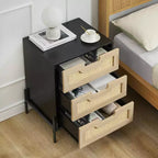 Comodino in Rattan con Struttura in Ferro e 1 Cassetto in Piombo | 3 Cassetti | Rattan Intrecciato a Mano | Multifunzionale per Camera da Letto e Soggiorno