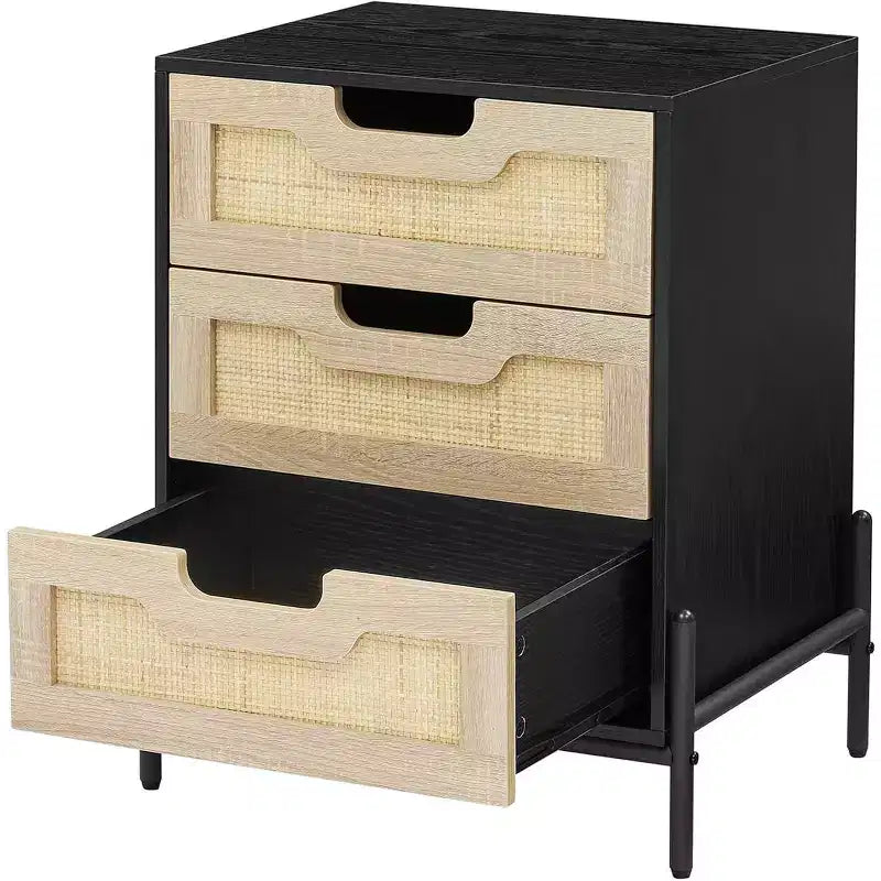 Comodino in Rattan con Struttura in Ferro e 1 Cassetto in Piombo | 3 Cassetti | Rattan Intrecciato a Mano | Multifunzionale per Camera da Letto e Soggiorno