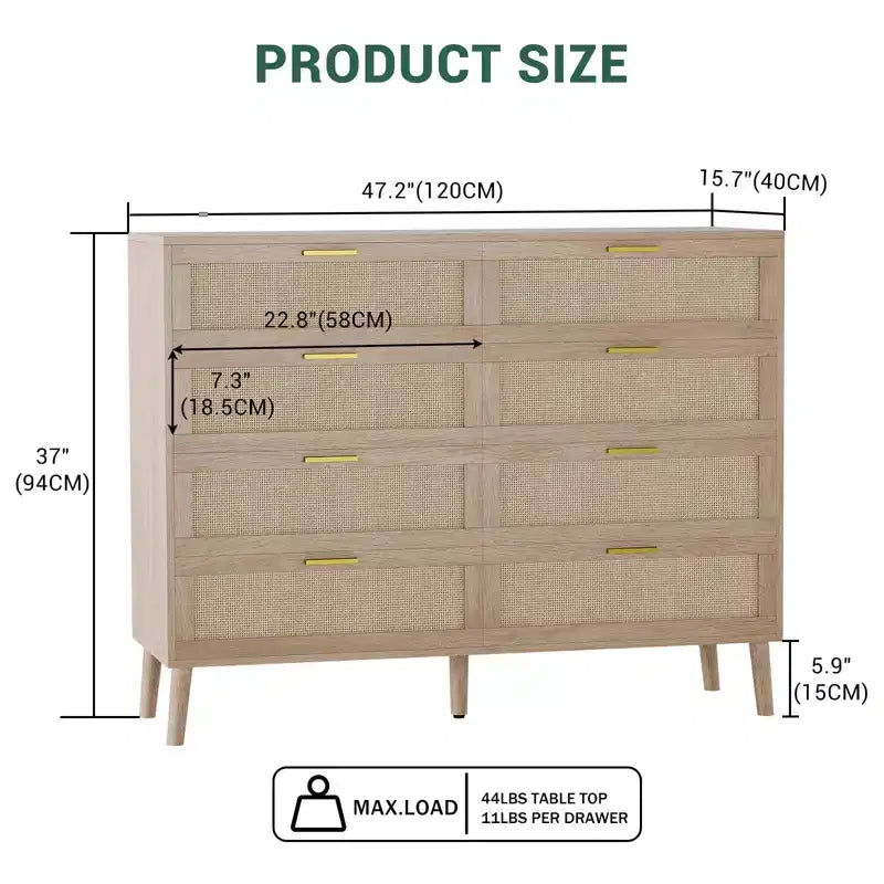 Cassettiera a 6 cassetti / 8 cassetti, cassettiera in rattan naturale, cassettiera in legno stile rustico con maniglie dorate per soggiorno, ingresso, corridoio