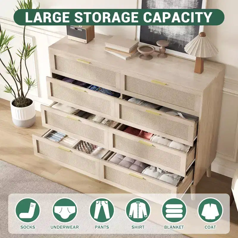Cassettiera a 6 cassetti / 8 cassetti, cassettiera in rattan naturale, cassettiera in legno stile rustico con maniglie dorate per soggiorno, ingresso, corridoio