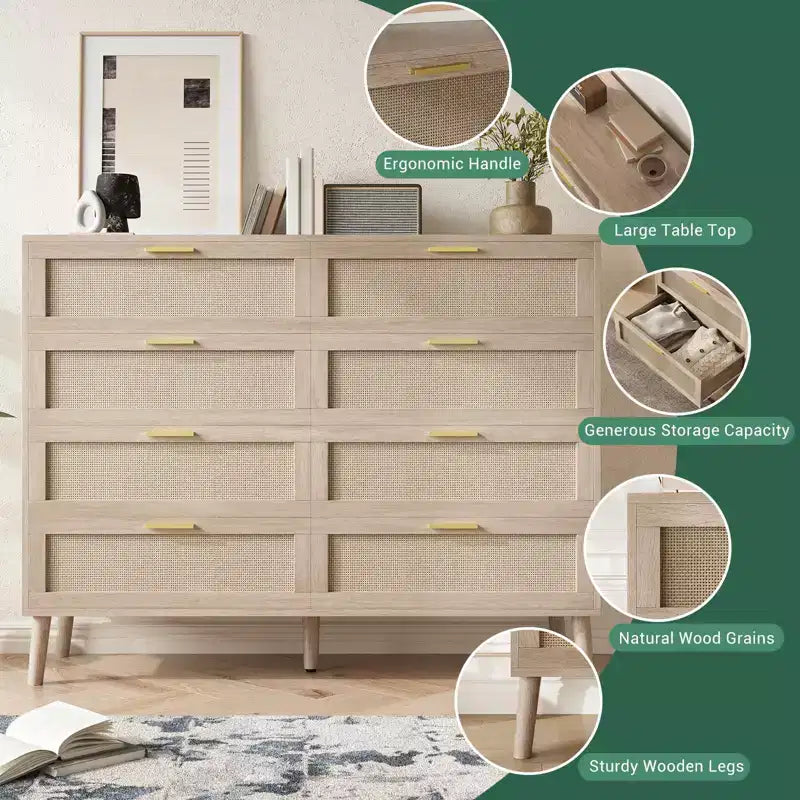 Cassettiera a 6 cassetti / 8 cassetti, cassettiera in rattan naturale, cassettiera in legno stile rustico con maniglie dorate per soggiorno, ingresso, corridoio