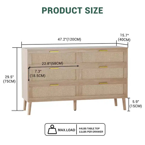 Commode 6 tiroirs / 8 tiroirs, commode en rotin naturel, commode en bois de style ferme avec poignées dorées pour salon, entrée, couloir