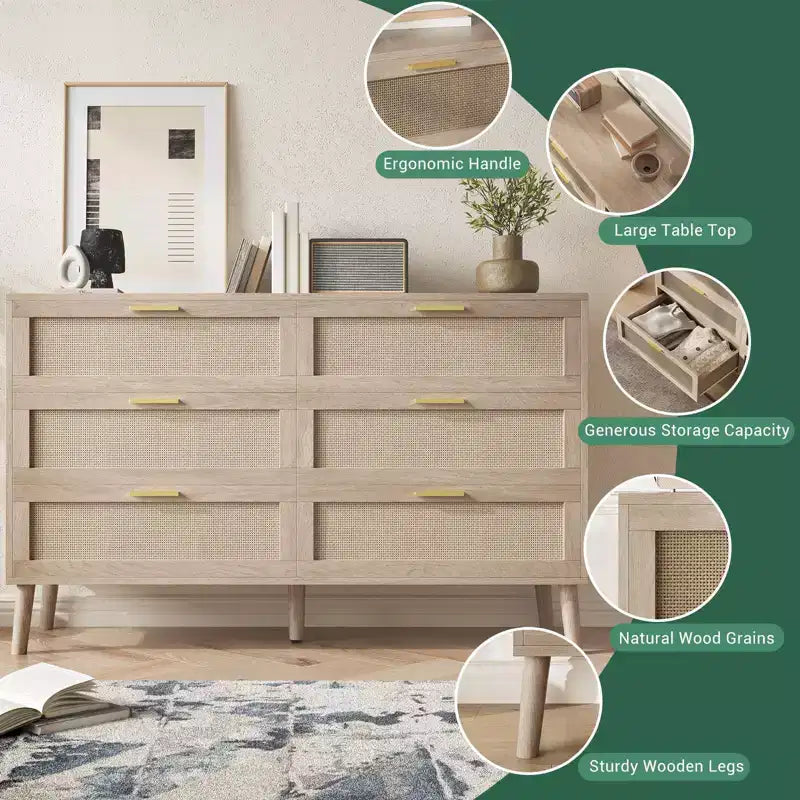 Cassettiera a 6 cassetti / 8 cassetti, cassettiera in rattan naturale, cassettiera in legno stile rustico con maniglie dorate per soggiorno, ingresso, corridoio