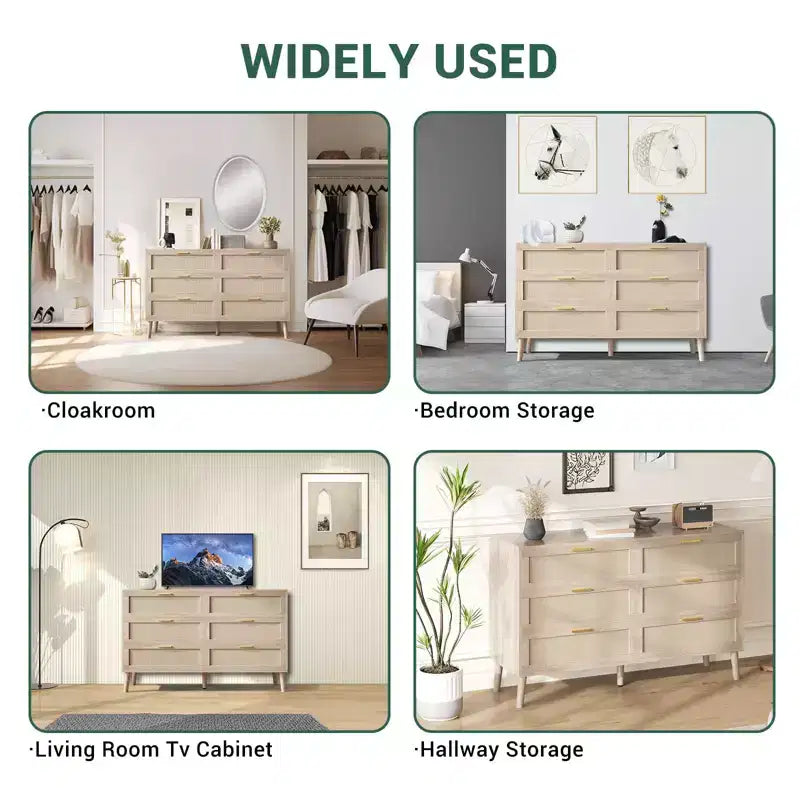 Cassettiera a 6 cassetti / 8 cassetti, cassettiera in rattan naturale, cassettiera in legno stile rustico con maniglie dorate per soggiorno, ingresso, corridoio