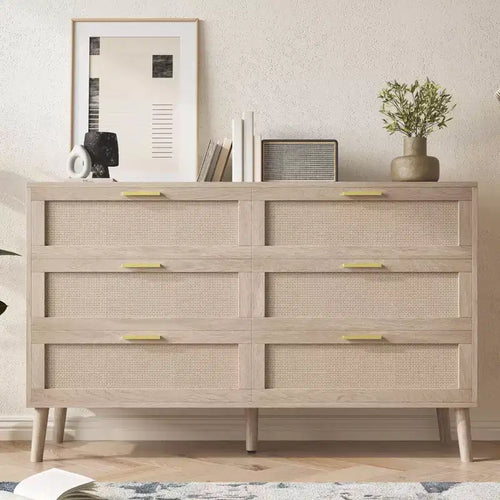 6 Drawer / 8 Drawer Dresser, Natural Rattan Dresser, Farmhouse Wood Chest of Drawer with Golden Handles for Living Room, Entryway, Hallway