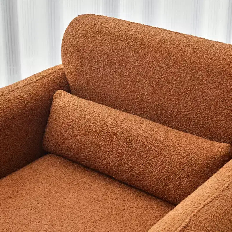 Divanetto moderno MAYEERTY in tessuto agnello con struttura in legno massello e cuscini decorativi inclusi