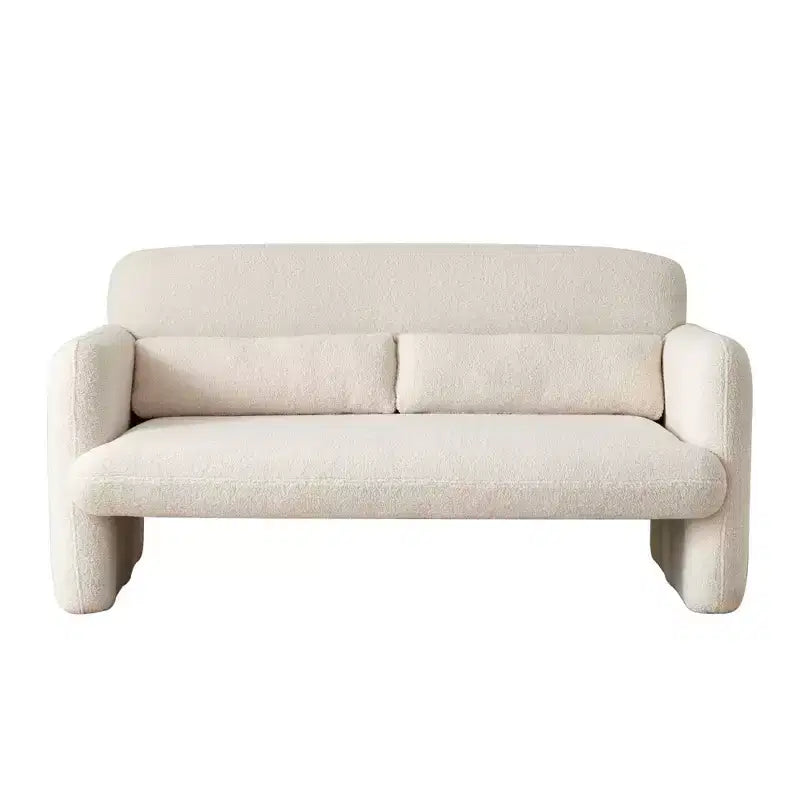 Divanetto moderno MAYEERTY in tessuto agnello con struttura in legno massello e cuscini decorativi inclusi