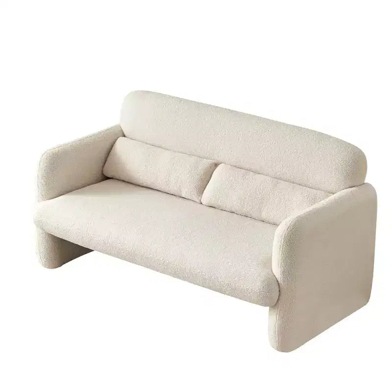 Divanetto moderno MAYEERTY in tessuto agnello con struttura in legno massello e cuscini decorativi inclusi