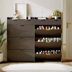 Modern White Shoe Cabinet with 3 Flip Drawers & 2 Small Drawers & Hook, Slim Fluted Shoe Storage Organizer, Narrow Entryway Cabinet