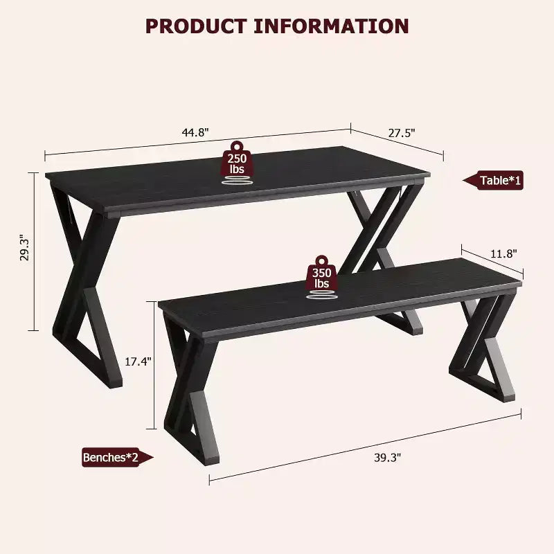 Ensemble de table de cuisine rectangulaire avec cadre métallique robuste, table à manger avec bancs pour 4, conception peu encombrante pour cuisine, salle à manger et appartement