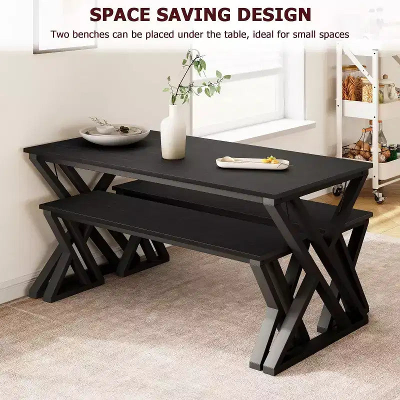 Ensemble de table de cuisine rectangulaire avec cadre métallique robuste, table à manger avec bancs pour 4, conception peu encombrante pour cuisine, salle à manger et appartement