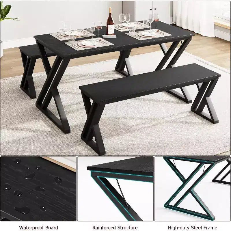 Ensemble de table de cuisine rectangulaire avec cadre métallique robuste, table à manger avec bancs pour 4, conception peu encombrante pour cuisine, salle à manger et appartement