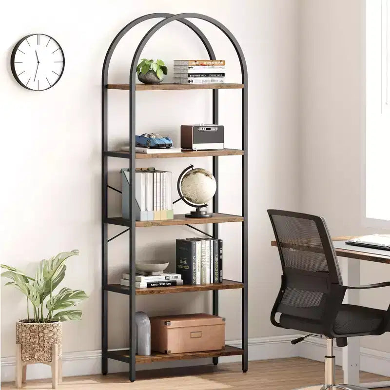 Libreria a 5 Ripiani con Arco, Scaffale Espositivo Alto, Struttura in Metallo, Moderna Unità di Stoccaggio, Grande Scaffale in Legno
