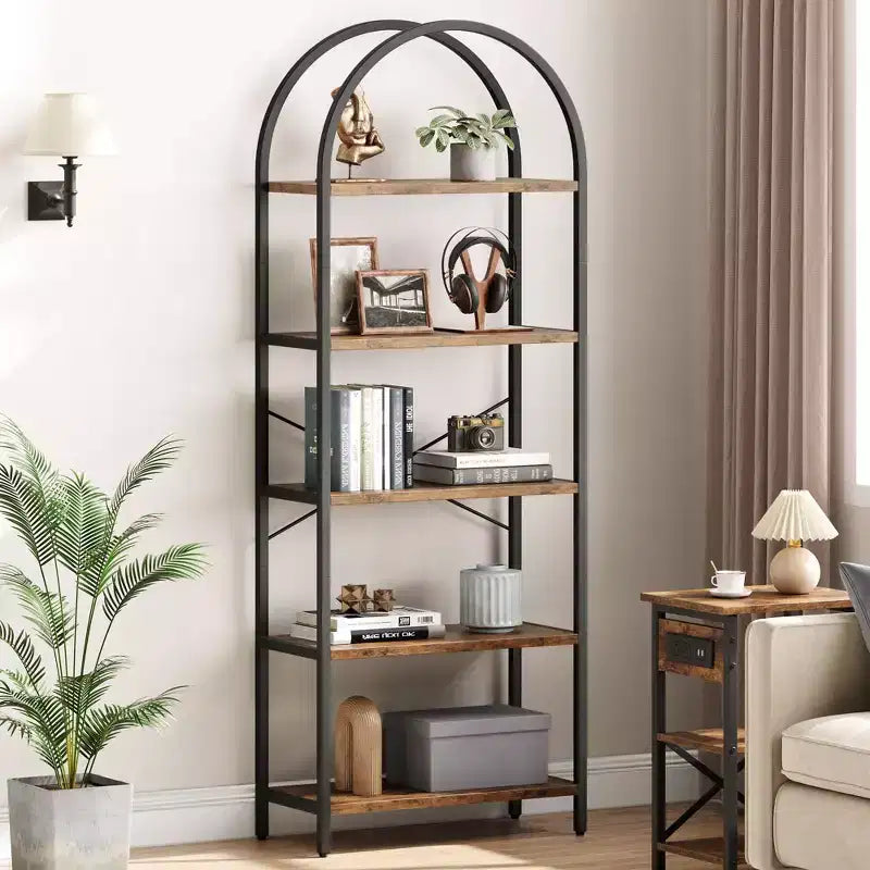 Libreria a 5 Ripiani con Arco, Scaffale Espositivo Alto, Struttura in Metallo, Moderna Unità di Stoccaggio, Grande Scaffale in Legno