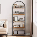 Libreria a 5 Ripiani con Arco, Scaffale Espositivo Alto, Struttura in Metallo, Moderna Unità di Stoccaggio, Grande Scaffale in Legno