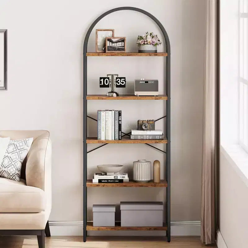 Libreria a 5 Ripiani con Arco, Scaffale Espositivo Alto, Struttura in Metallo, Moderna Unità di Stoccaggio, Grande Scaffale in Legno