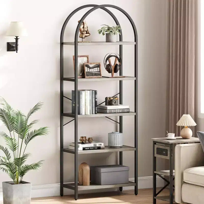 Libreria a 5 Ripiani con Arco, Scaffale Espositivo Alto, Struttura in Metallo, Moderna Unità di Stoccaggio, Grande Scaffale in Legno