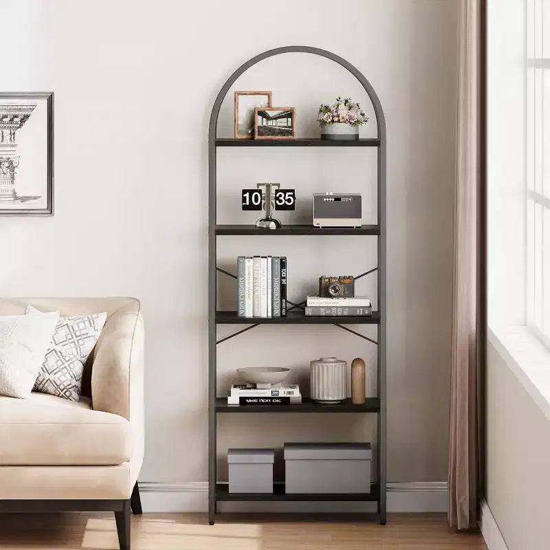 Libreria a 5 Ripiani con Arco, Scaffale Espositivo Alto, Struttura in Metallo, Moderna Unità di Stoccaggio, Grande Scaffale in Legno