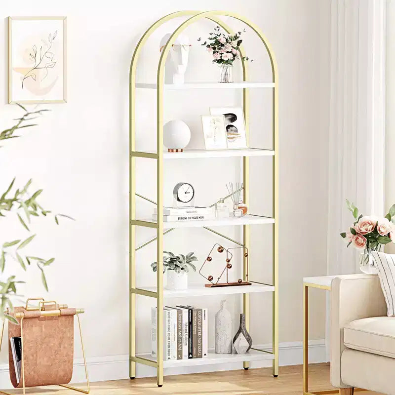 Libreria a 5 Ripiani con Arco, Scaffale Espositivo Alto, Struttura in Metallo, Moderna Unità di Stoccaggio, Grande Scaffale in Legno
