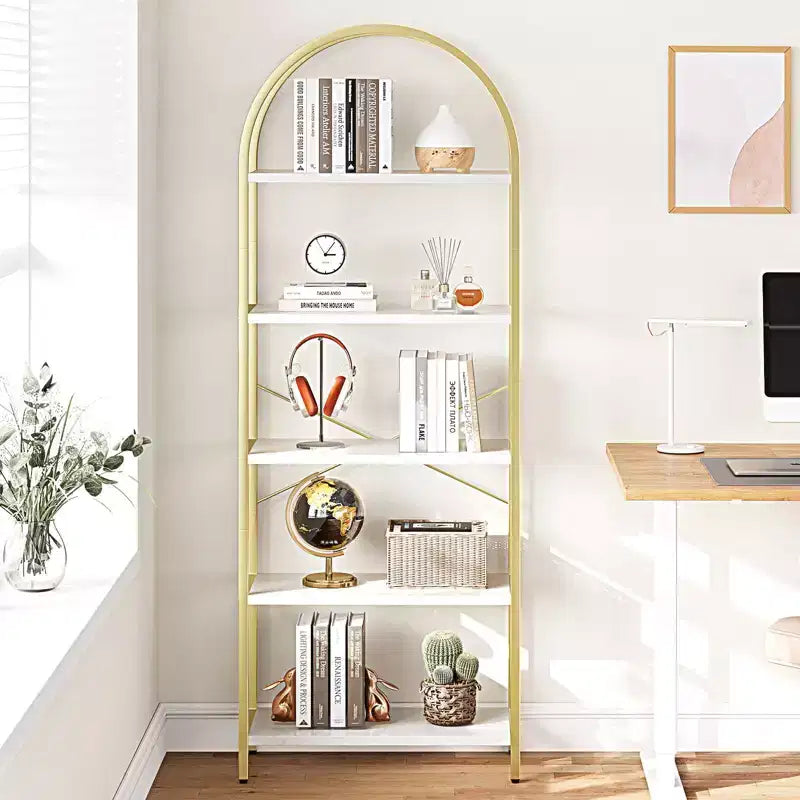 Libreria a 5 Ripiani con Arco, Scaffale Espositivo Alto, Struttura in Metallo, Moderna Unità di Stoccaggio, Grande Scaffale in Legno