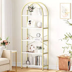 Libreria a 5 Ripiani con Arco, Scaffale Espositivo Alto, Struttura in Metallo, Moderna Unità di Stoccaggio, Grande Scaffale in Legno