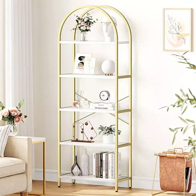 Libreria a 5 Ripiani con Arco, Scaffale Espositivo Alto, Struttura in Metallo, Moderna Unità di Stoccaggio, Grande Scaffale in Legno
