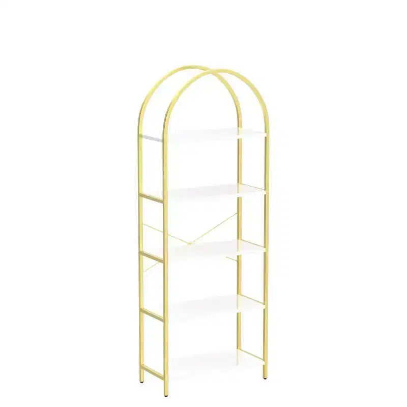 Libreria a 5 Ripiani con Arco, Scaffale Espositivo Alto, Struttura in Metallo, Moderna Unità di Stoccaggio, Grande Scaffale in Legno
