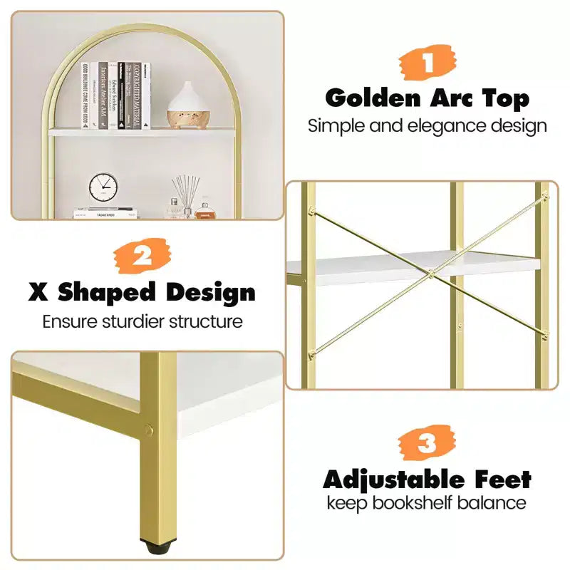 Libreria a 5 Ripiani con Arco, Scaffale Espositivo Alto, Struttura in Metallo, Moderna Unità di Stoccaggio, Grande Scaffale in Legno