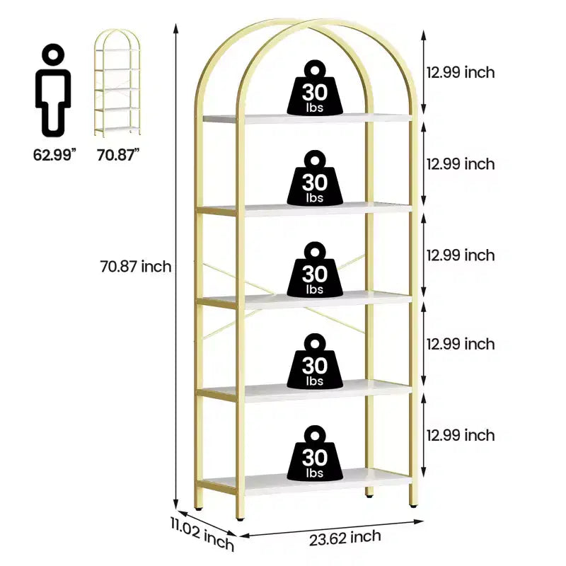Libreria a 5 Ripiani con Arco, Scaffale Espositivo Alto, Struttura in Metallo, Moderna Unità di Stoccaggio, Grande Scaffale in Legno