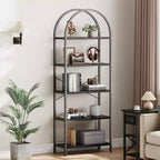Libreria a 5 Ripiani con Arco, Scaffale Espositivo Alto, Struttura in Metallo, Moderna Unità di Stoccaggio, Grande Scaffale in Legno