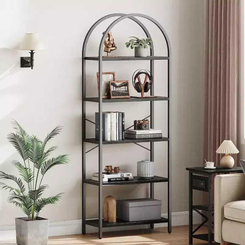 Libreria a 5 Ripiani con Arco, Scaffale Espositivo Alto, Struttura in Metallo, Moderna Unità di Stoccaggio, Grande Scaffale in Legno