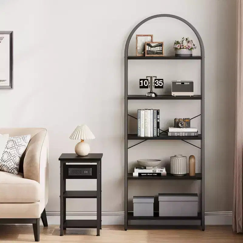 Libreria a 5 Ripiani con Arco, Scaffale Espositivo Alto, Struttura in Metallo, Moderna Unità di Stoccaggio, Grande Scaffale in Legno