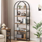 Libreria a 5 Ripiani con Arco, Scaffale Espositivo Alto, Struttura in Metallo, Moderna Unità di Stoccaggio, Grande Scaffale in Legno