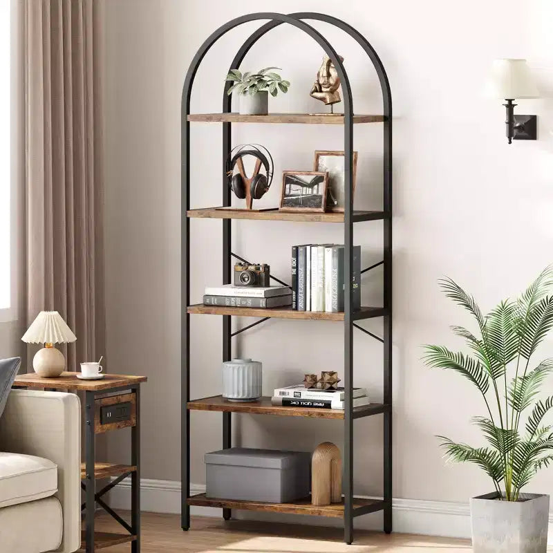 Libreria a 5 Ripiani con Arco, Scaffale Espositivo Alto, Struttura in Metallo, Moderna Unità di Stoccaggio, Grande Scaffale in Legno