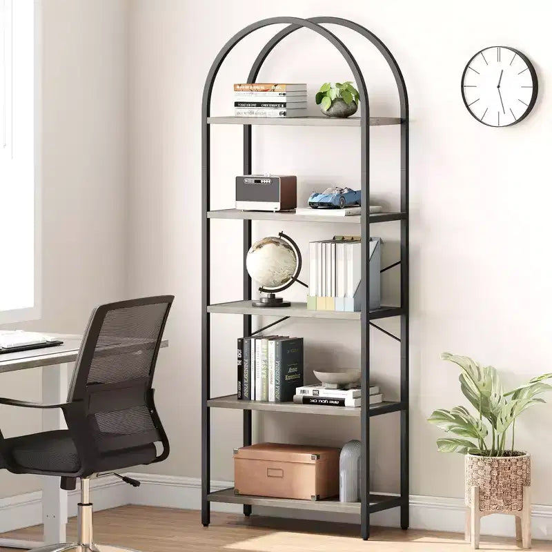 Libreria a 5 Ripiani con Arco, Scaffale Espositivo Alto, Struttura in Metallo, Moderna Unità di Stoccaggio, Grande Scaffale in Legno