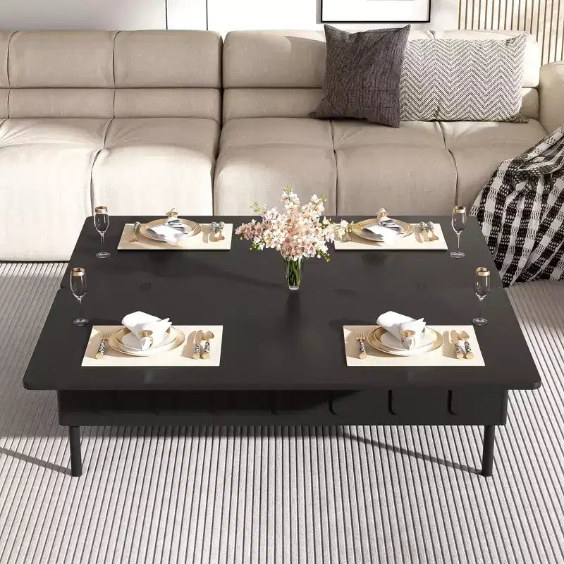 Tavolino da caffè con piano sollevabile e 2 cassetti, tavolino moderno da salotto/divano con piano pieghevole, bianco/nero - ModernLuxe