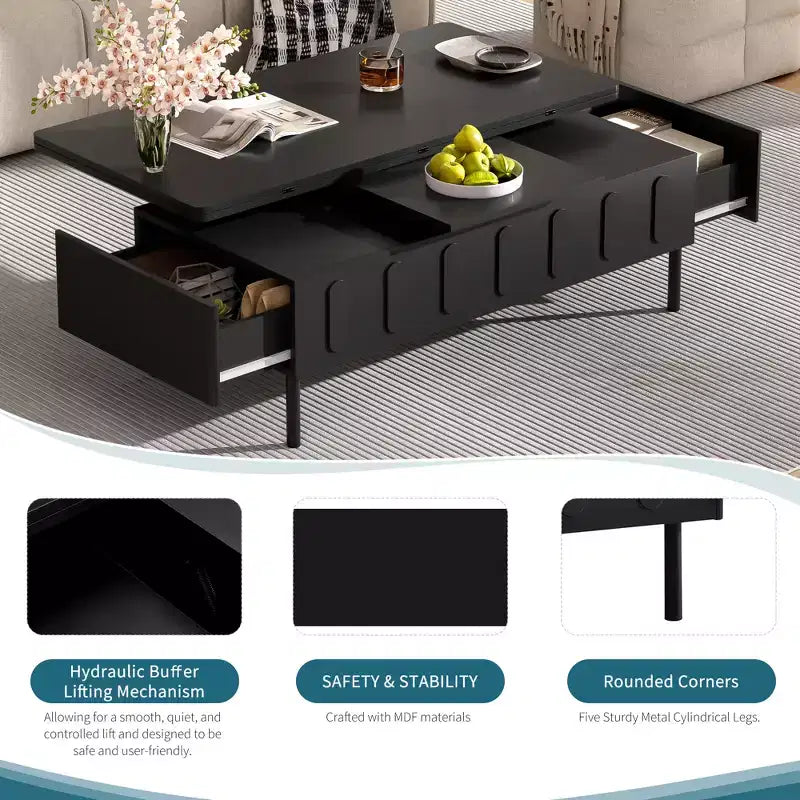 Tavolino da caffè con piano sollevabile e 2 cassetti, tavolino moderno da salotto/divano con piano pieghevole, bianco/nero - ModernLuxe
