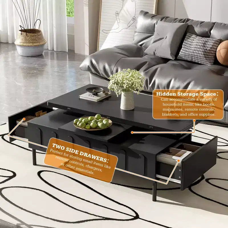 Tavolino da caffè con piano sollevabile e 2 cassetti, tavolino moderno da salotto/divano con piano pieghevole, bianco/nero - ModernLuxe